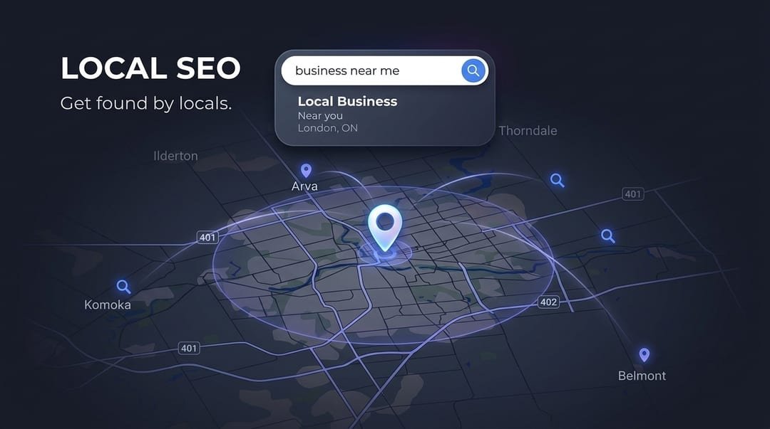 Illustration of a local search. Someone searches for RV repair in London Ontario and a list of nearby businesses appears next to a map, with one business highlighted and call, website and directions buttons beside it.