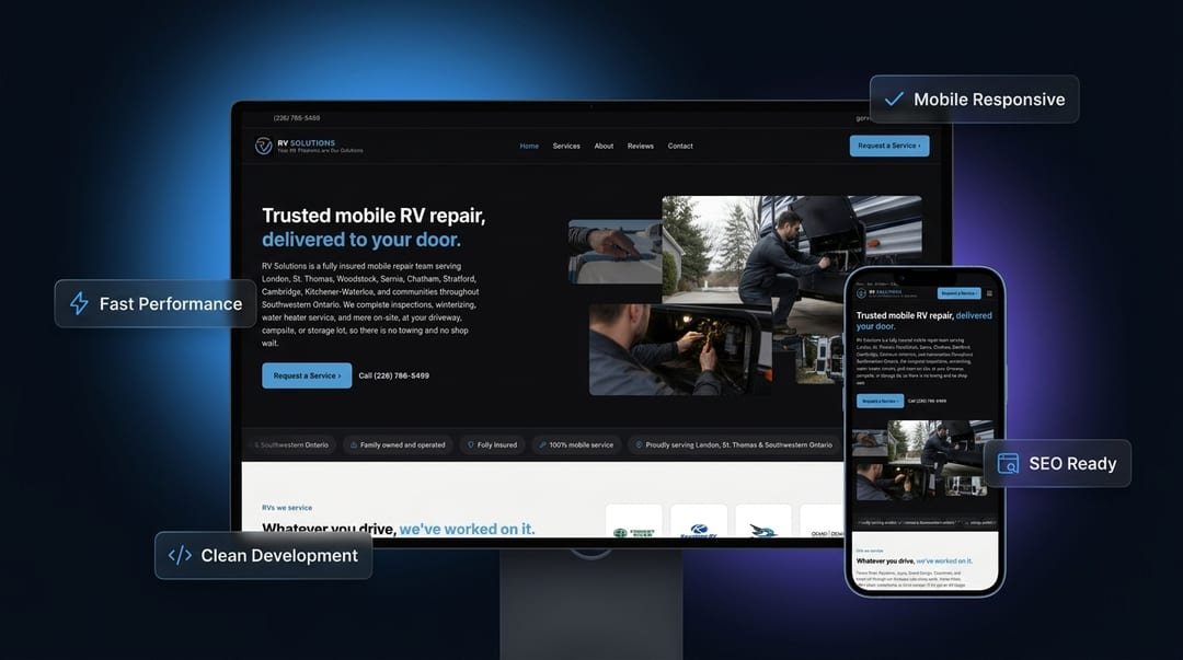A K1 Nova website shown on a laptop and a phone side by side, with labels reading mobile responsive, fast performance, clean development and SEO ready.