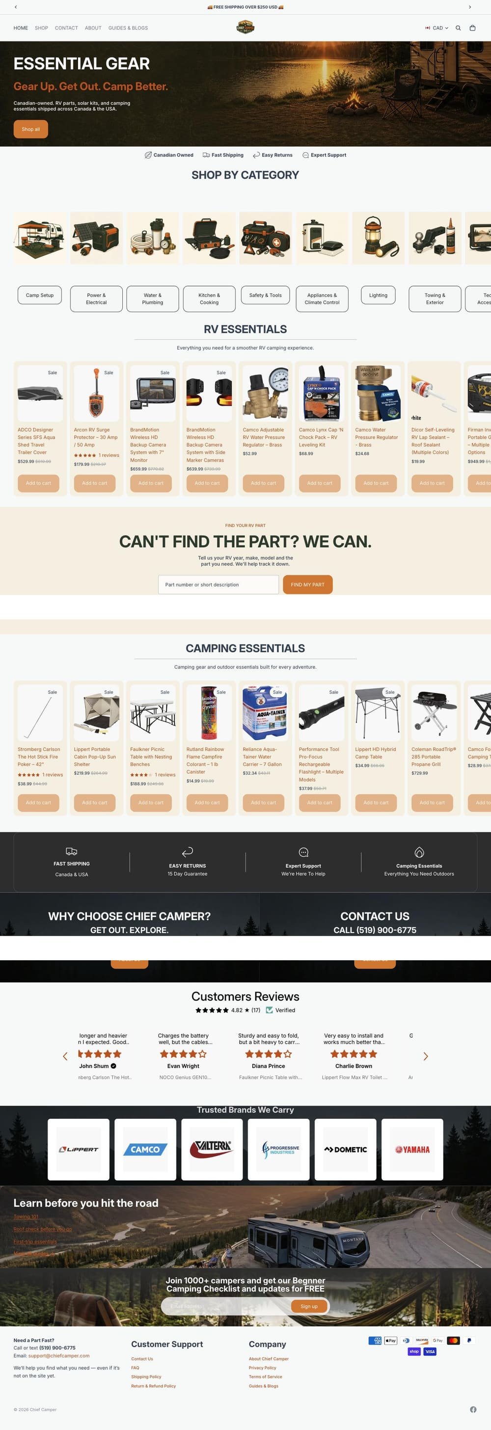 The complete Chief Camper homepage from top to bottom.