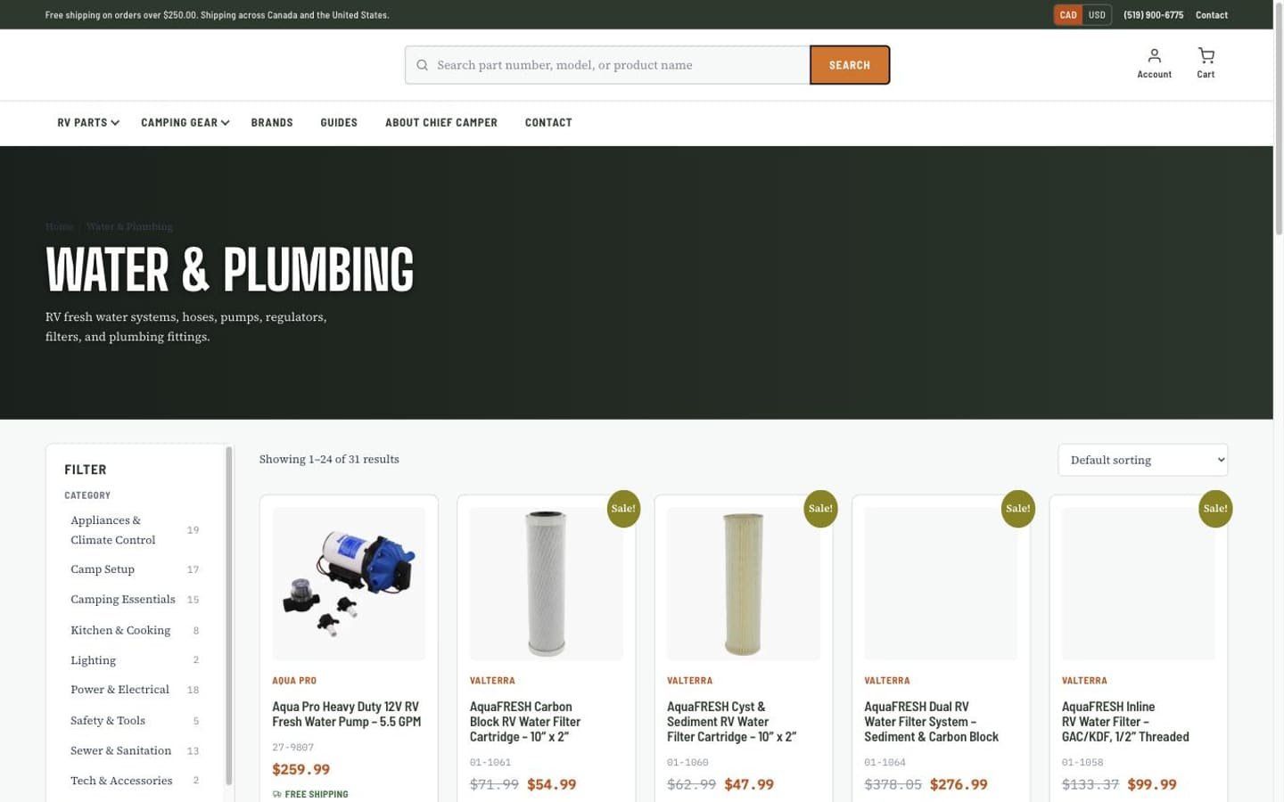 An interior page of the Chief Camper website.