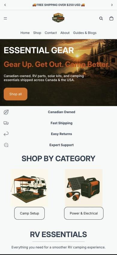 The Chief Camper homepage on a phone.
