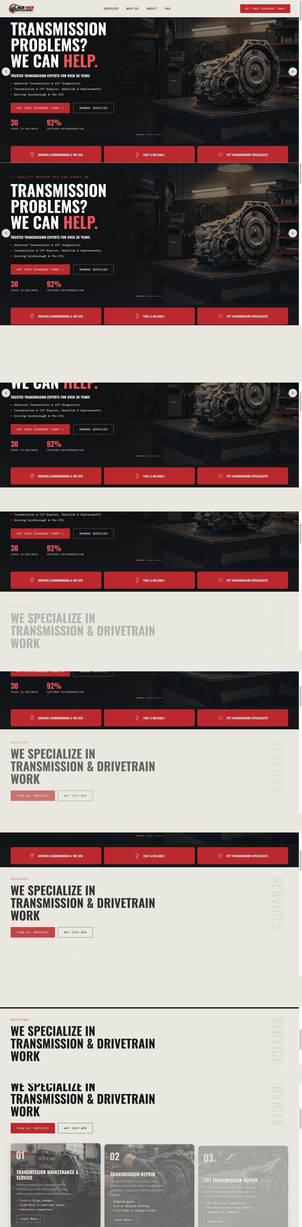 The complete Jack-Wen Transmission homepage from top to bottom.