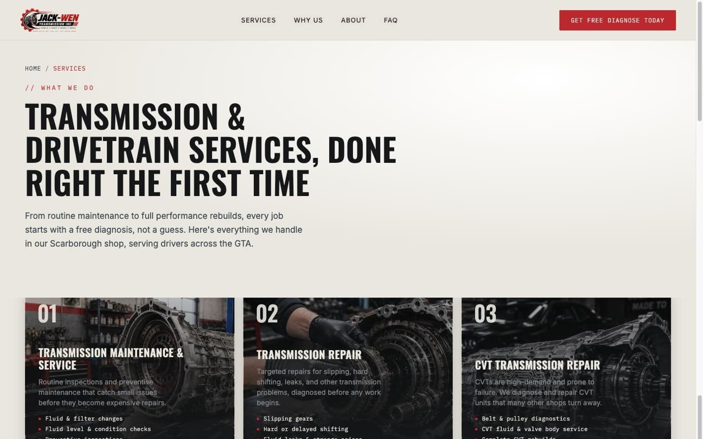An interior page of the Jack-Wen Transmission website.