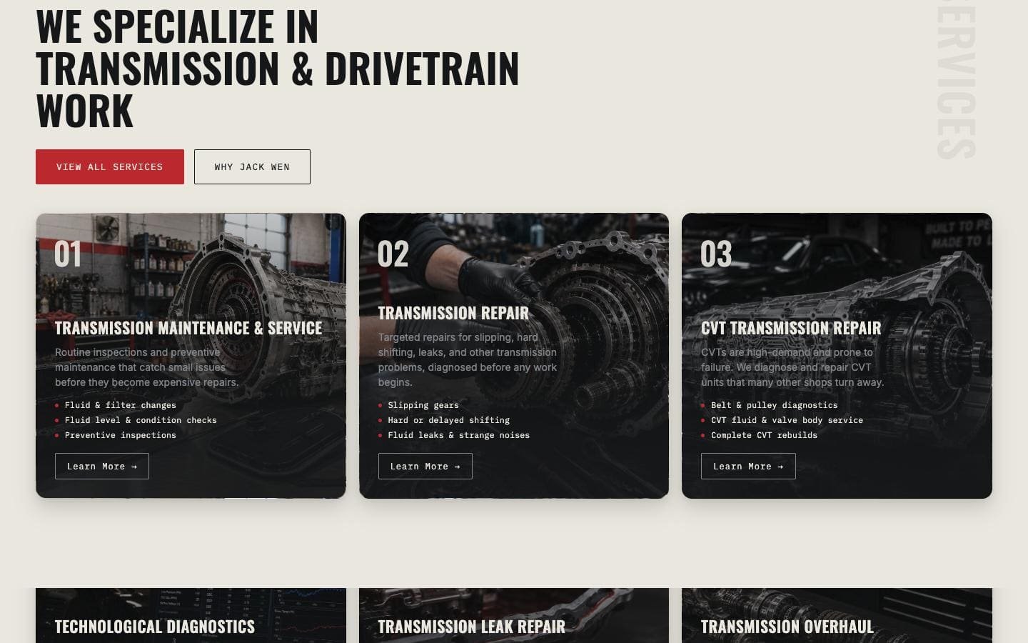 The services page of the Jack-Wen Transmission website, showing each repair service with a short description.