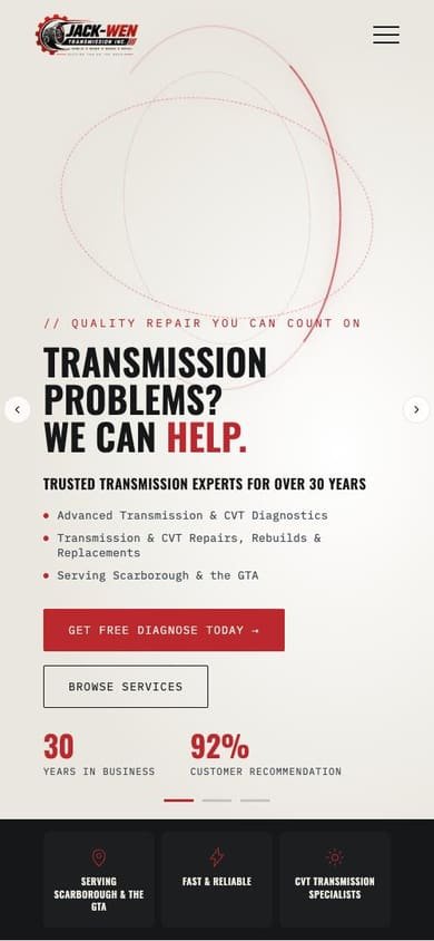 The Jack-Wen Transmission homepage on a phone.