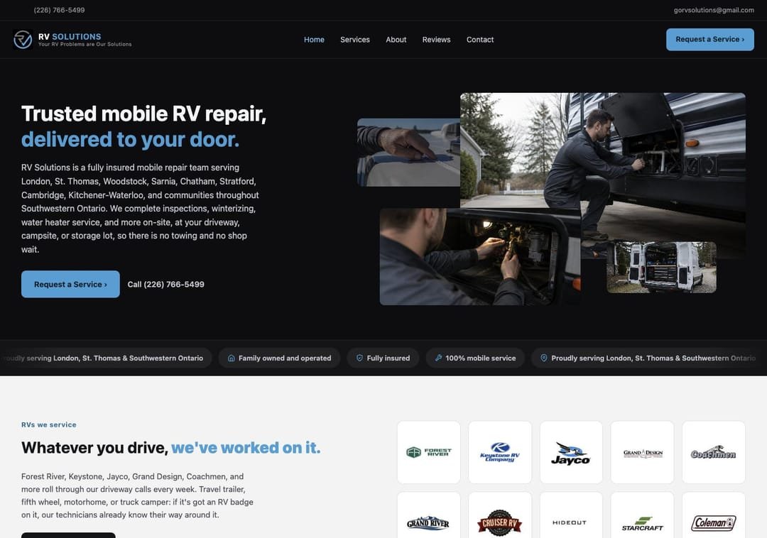 The redesigned RV Solutions homepage, showing a headline about mobile RV repair, a short description of the service area and a request service button.