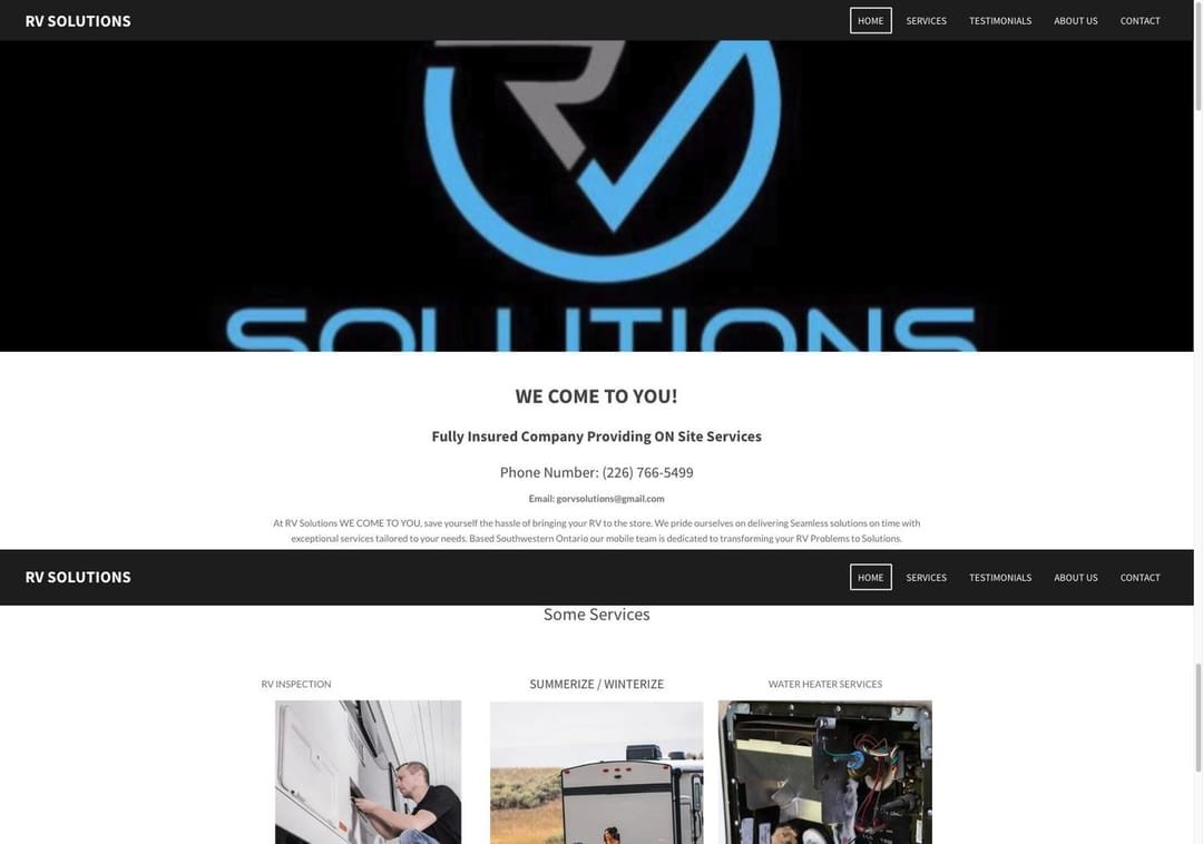 The original RV Solutions website, showing a full screen logo image above centred blocks of small text.