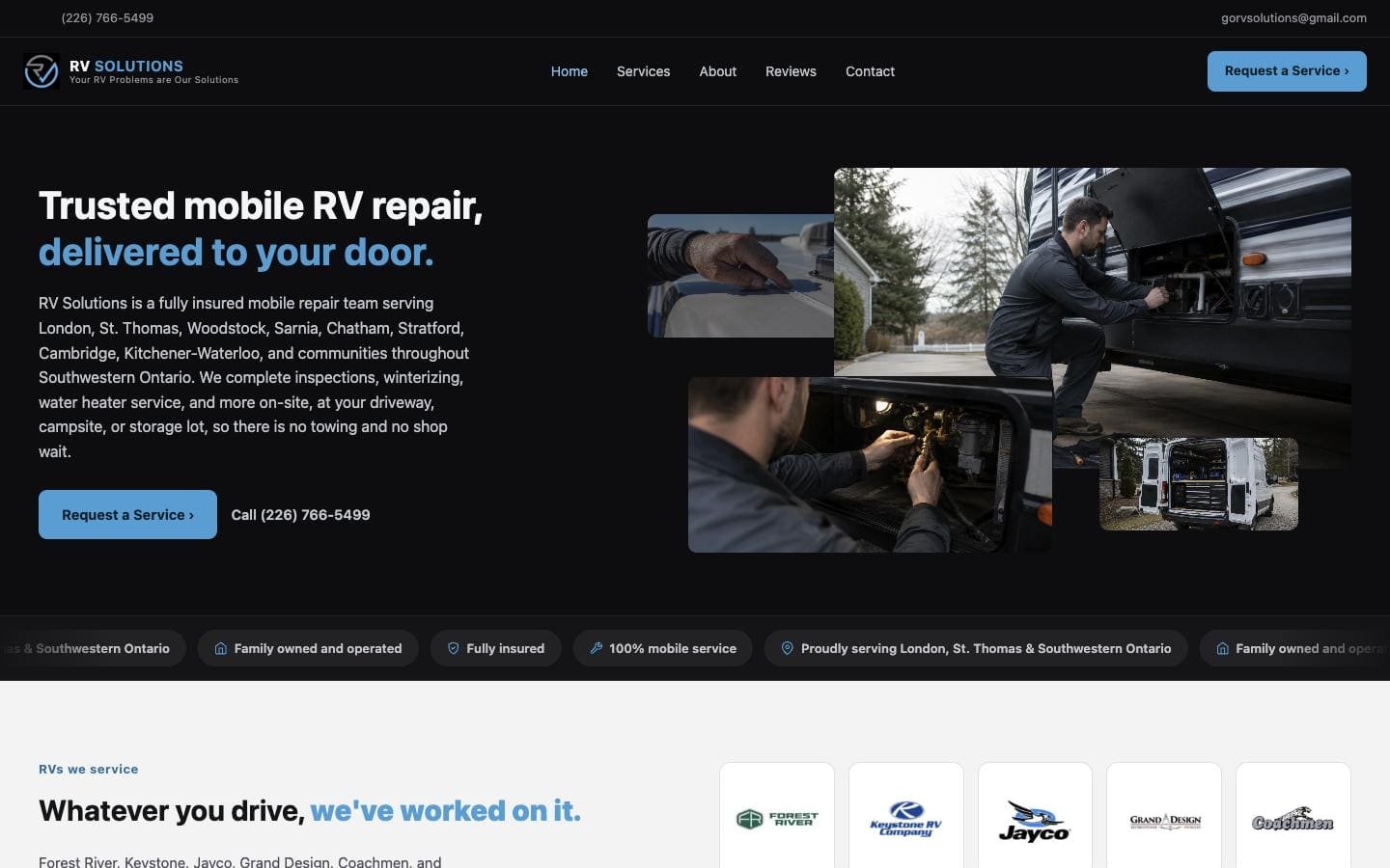 The RV Solutions homepage.