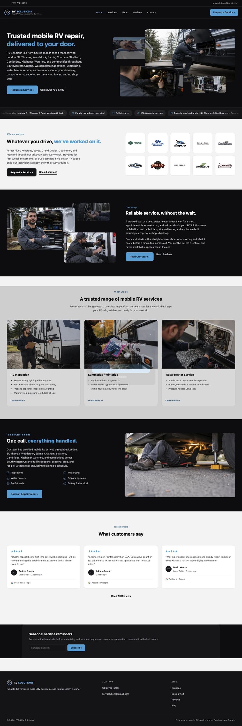 The complete RV Solutions homepage from top to bottom.