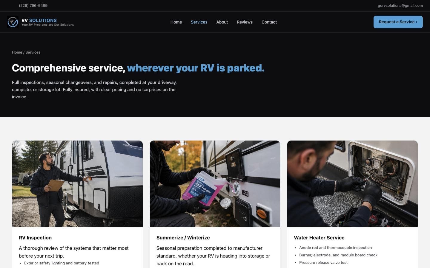 An interior page of the RV Solutions website.