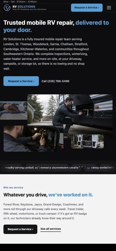 The RV Solutions homepage on a phone.